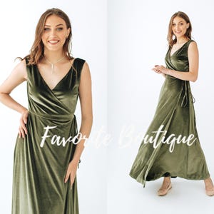 DUSTY SAGE Velvet Wrap Dress Maxi Bridesmaid Gown Custom Tailor Prom Wedding Guest Dress Sage Green Fall winter wedding dress plus size