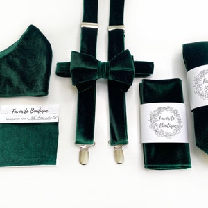 EMERALD GREEN Velvet Tie Pocket Square Suspenders Bow Tie Velvet Green Groomsmen Necktie Velvet Pocket Square Velvet Kids Suspenders