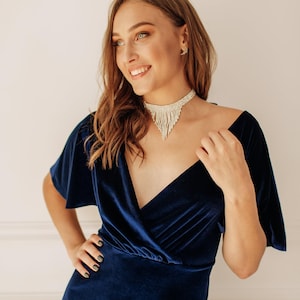 MIDNIGHT BLUE Velvet Bridesmaid Dress NAVY Blue Mother of the Bride Velvet Prom Dress Ruffle Sleeves Evening Dress