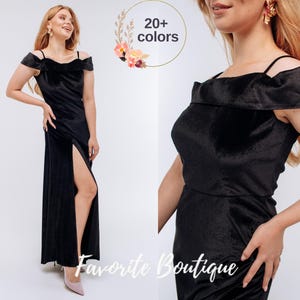 Black Velvet Bridesmaid Dress – Open Shoulder Closed Back Maxi Gown with Zipper, Custom Plus Size Prom Wedding Dress