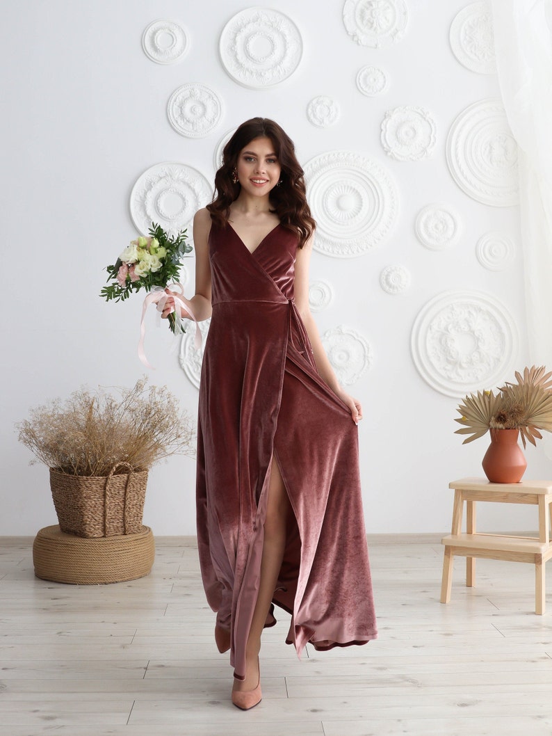 DUSTY ROSE Velvet Bridesmaid Dress Mother of the Bride Velvet Prom Dress V Neck Dress Evening Dress Wrap dress Floor Dress A line dress image 5