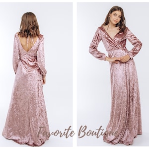 Dusty Rose Velvet Bridesmaid Long Sleeves Open Back Dress V-neck Maxi Dress Bridesmaid Gown Custom Tailoring Prom Wedding Dress Plus Size