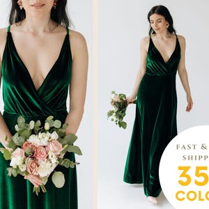 Forest Green Velvet V-Neck Bridesmaid Dress - Corset Back