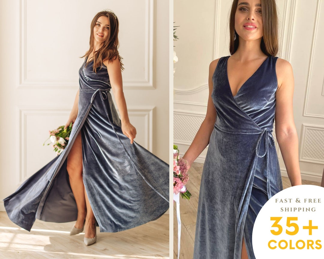 DUSTY BLUE Velvet Bridesmaid Dress French Blue Velvet Dress Mother of