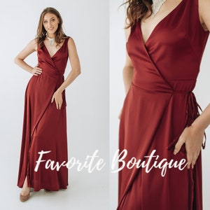 WINE Silk Satin Wrap Dress Custom Tailor plus size Long Dress Silk Maxi Dress Bridesmaid Gown Dress Boho Gown