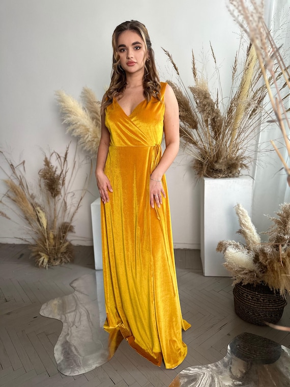 MUSTARD YELLOW Velvet Wrap Dress Maxi Bridesmaid Gown Custom Tailor Prom Dress Wedding Guest Dress Fall Winter Wedding Dress Plus Size Etsy