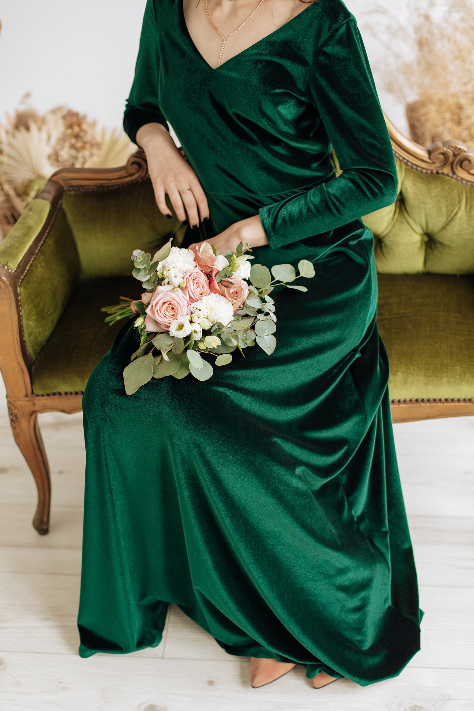 Forest Green Velvet Bridesmaid Dress V Neck Velvet Prom Dress Etsy