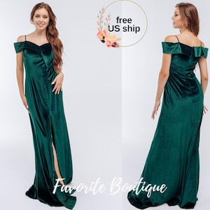 Forest Green Velvet Bridesmaid Dress – Open Shoulder Closed Back Maxi Gown with Slit, Custom Plus Size Prom & Wedding Dress