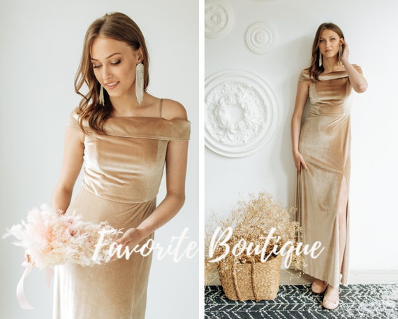 CHAMPAGNE Velvet off Shoulder Dress Maxi Bridesmaid Gown Custom