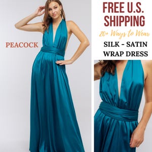 Vestido de seda infinito con estampado de pavo real, vestido cruzado convertible, para dama de honor, niña de las flores, fiesta de graduación, maternidad, vestido de satén multiposición para bodas, noche.