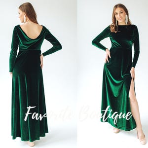 Emerald Green Velvet Maxi Dress: Cowl Back, Long Sleeve Gown