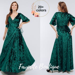 Forest Green Velvet Maxi Dress: Flutter Sleeves V-neck Bridesmaid Gown