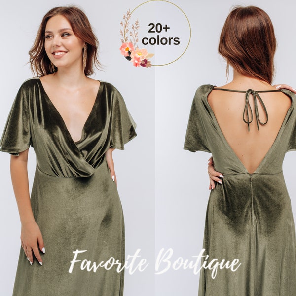 V-Back Long Velvet Dresses with Flutter Sleeves Taupe Plus Size