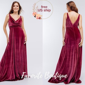 Chianti Velvet Bridesmaid Dress – Sleeveless Cowl Neck Open Back Maxi Gown with Zipper, Custom Plus Size Prom & Wedding Dress