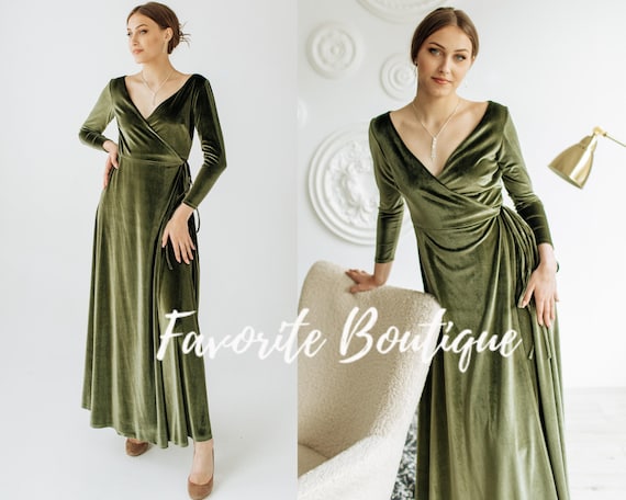 DUSTY SAGE Velvet Wrap Dress Maxi Bridesmaid Gown Custom Tailor Prom Wedding Guest Dress Sage Green Fall winter wedding dress plus size Etsy Mexico
