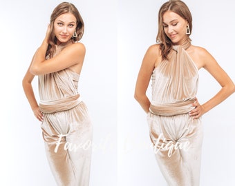 Champagne Velvet Jumpsuit Infinity Jumpsuit Wrap Sleeveless Bridesmaid Gown Custom Tailoring Wedding Guest Jumpsuit Fall Wedding Plus Size