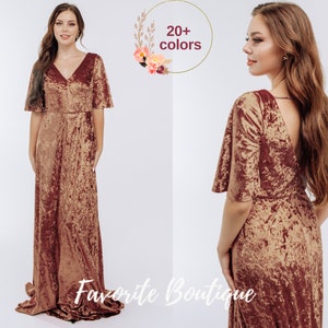Rust Velvet Bridesmaid Flutter Sleeve Open Back Dress V-neck Dress Maxi Bridesmaid Gown Custom Tailoring Prom Wedding Dress Plus Size