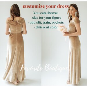 CHAMPAGNE Velvet off shoulder Dress Maxi Bridesmaid Gown Custom Tailor Prom Wedding Guest Dress Fall winter wedding dress plus size image 2