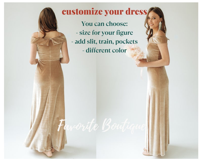 CHAMPAGNE Velvet off shoulder Dress Maxi Bridesmaid Gown Custom Tailor Prom Wedding Guest Dress Fall winter wedding dress plus size image 2