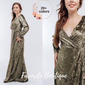 Dusty Sage Velvet Bridesmaid Long Sleeves Open Back Dress V-neck Dress Maxi Bridesmaid Gown Custom Tailoring Prom Wedding Dress Plus Size
