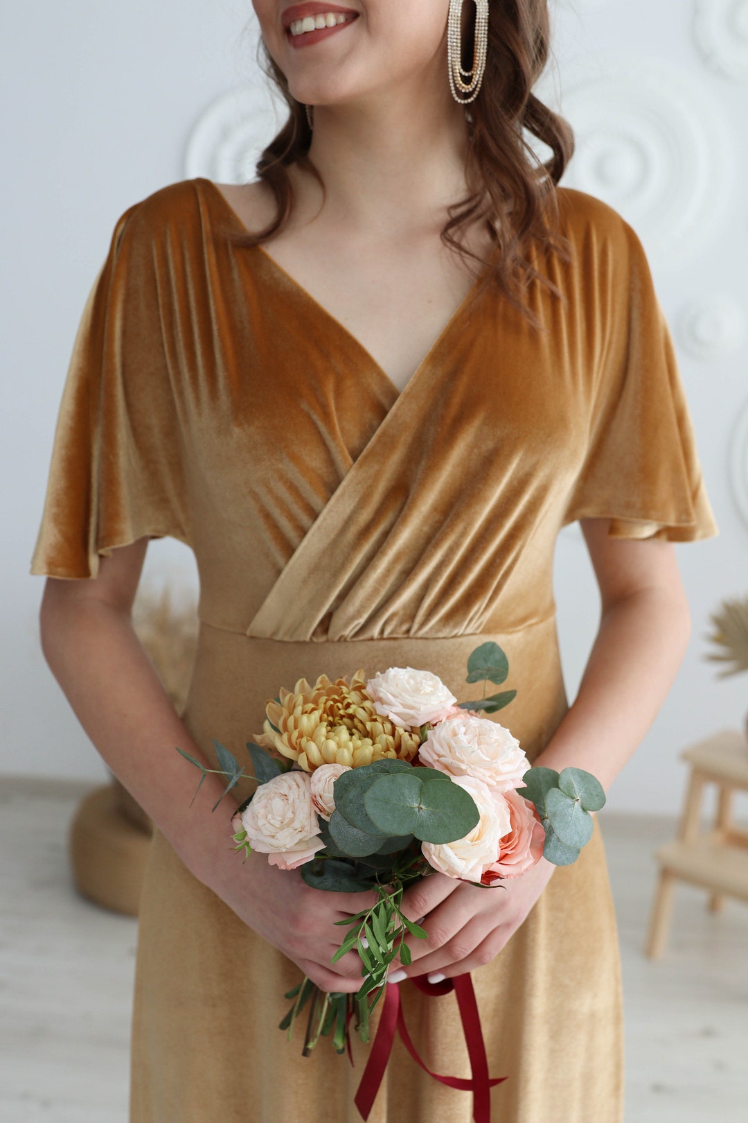 GOLD Velvet Bridesmaid Dress Mother of the Bride Velvet Prom Dress