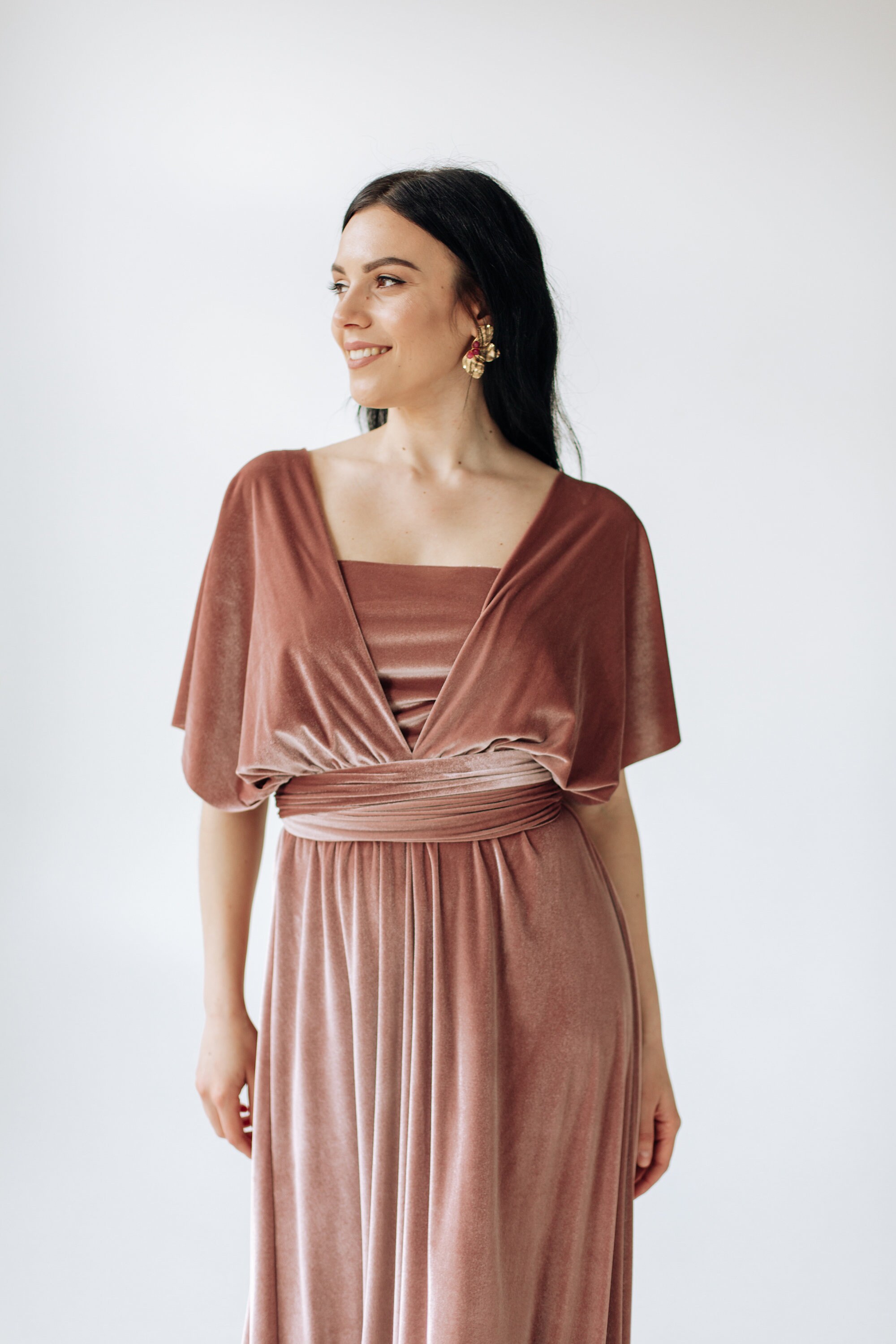 V-neck Floor-length Sheath Velvet Dress With Slit Dusty Rose Plus Size