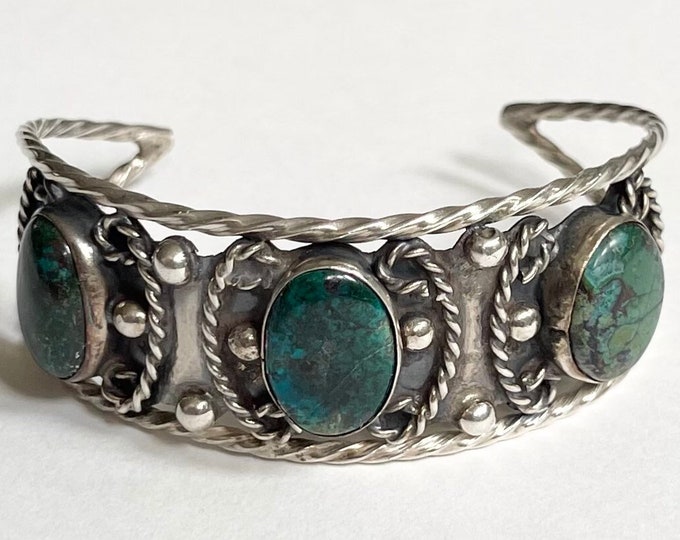 Navajo Crysocolla Bracelet Cuff Vintage Native American Old Pawn Twisted Rope Sterling Silver Band Three Turquoise Colored Stones