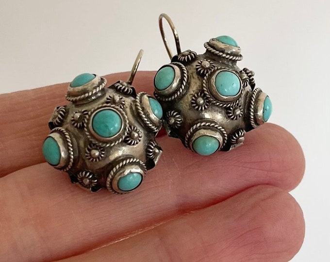 Vintage Taxco Turquoise Earrings 800 Silver Drop Style Southwest Multi Stone Turquoise Sphere Ball Circle Shape