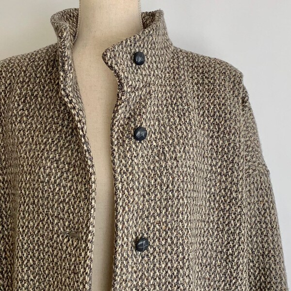 Gray Tweed Wool Coat Vintage 70s 80s Forecaster of Boston High Funnel Neck Cocoon Cut Made in USA Size S M