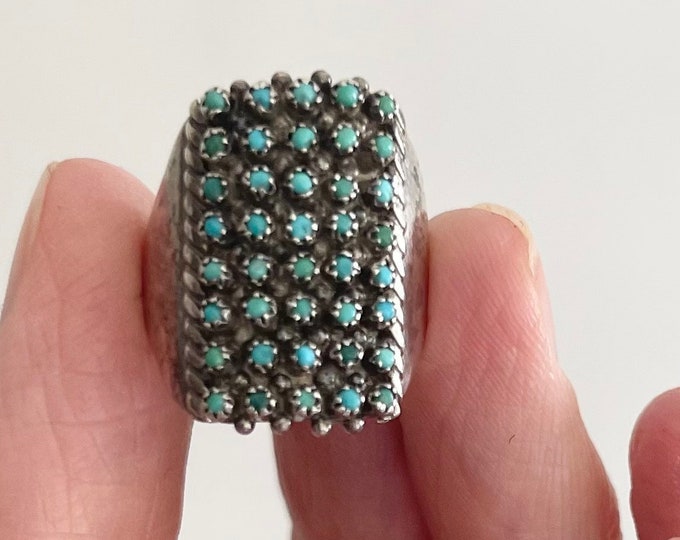 Eight Row Snake Eye Turquoise Ring Band Native American Zuni Sterling Silver Micro Tiny Turquoise Stones Size 5.25