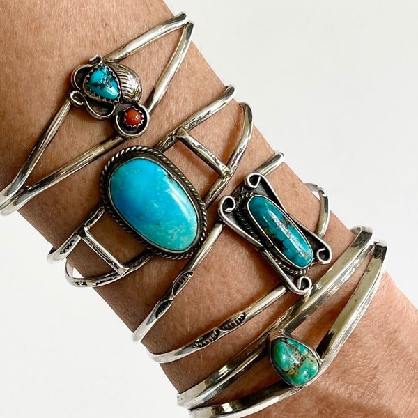 Vintage Turquoise Cuff Bracelet 60s 70s Native American Navajo Sterling Silver Blue Turquoise Red Coral