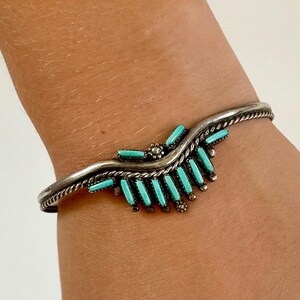 Signed Vintage Native American Zuni Blue Gem Turquoise Needlepoint Sterling Silver Bracelet Signed Vintage Native American Zuni Blue Gem Turquoise Needlepoint Sterling Silver Bracelet