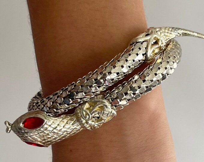 Mesh Coiled Snake Bracelet Wrap Vintage Silver Tone Metal Mesh Red Eyes Coil Wrap Bangle Vintage Bracelets Small Petite Wrist