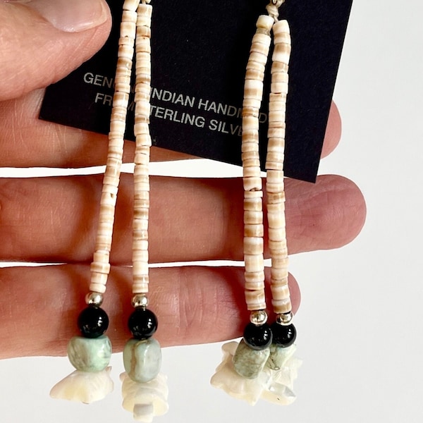 3.75" Native American Earrings Handmade Sterling Silver Dry Creek Turquoise Heishi Shell Beaded Drop Earrings MOP Black Bead Dramatic