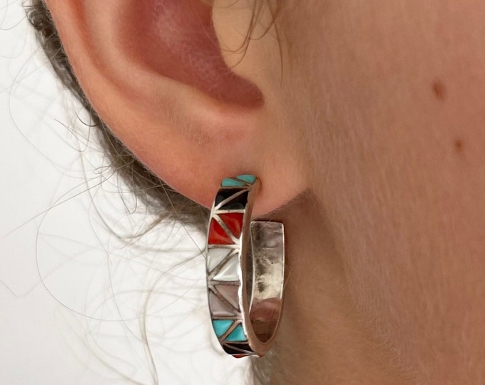 Turquoise Inlay Hoop Earrings Vintage Native American Zuni Sterling Silver Multi Stone Jet MOP Coral Hoops 1" Diameter
