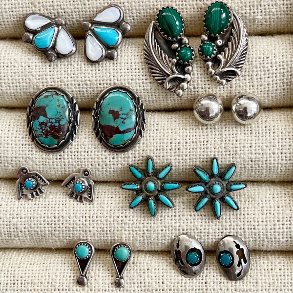 Native American Stud Earrings Sterling Silver Studs Turquoise MOP Onyx Malachite Thunderbird Peyote Bird Oval Navajo