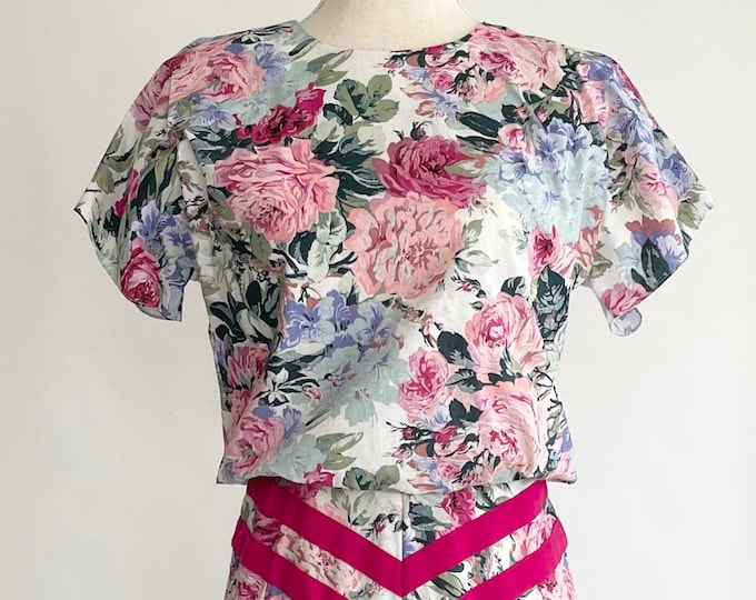80s Floral Dress Shoulder Pads Vintage REO Originals Made in USA Tea Length Pastel Rose Flowers