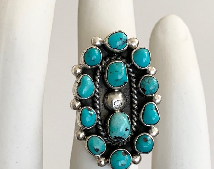 50s Navajo Turquoise Ring Sterling Silver Vintage Native American Old Pawn Jewelry Artist Signed Multi Stone Cluster Long Oval Size 7.25 7.5