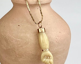 Victorian Gold Figa Pendant Tiny Charm Carved Closed Hand Fist Mano Fica Good Luck Charm Amulet 14K GF Gold Chain Necklace