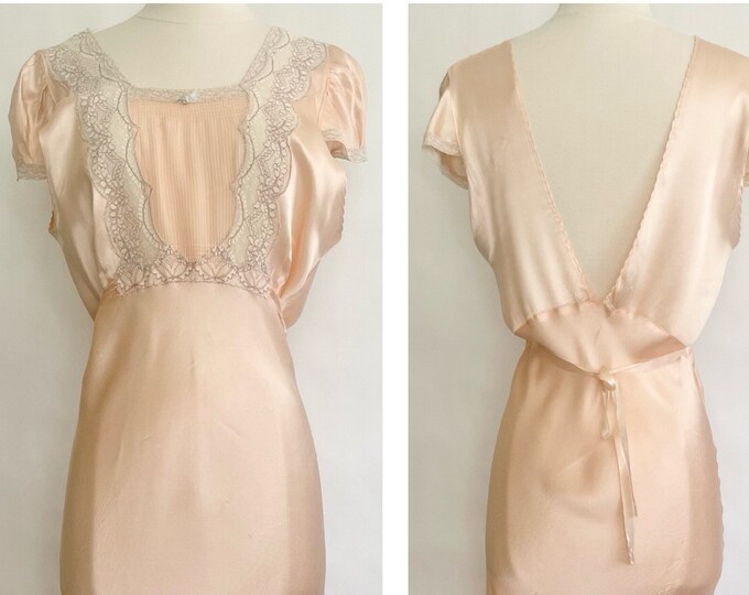 Antique Satin Nightgown Handmade Vintage 30s 40s Nightie Pale Peach Pink Floral Lace Trim Low Back Cap Sleeve XS