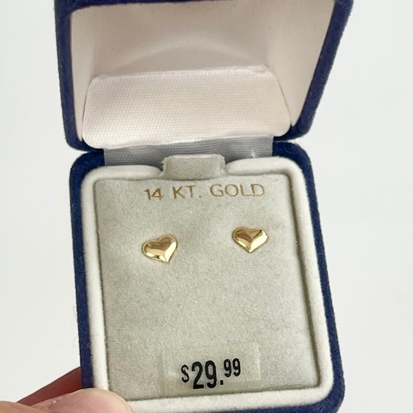 14K Gold Heart Earrings Studs Stud Earrings Vintage 80s Made in USA Solid 14K Gold Original Jewelry Box Tag Dainty Small Delicate Love