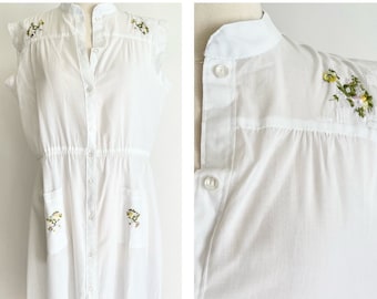 Lightweight Floral Embroidered Dress Vintage 70s Workers Union Made in USA Semi Sheer White Spring Summer Dress Pastel Floral Embroidery S