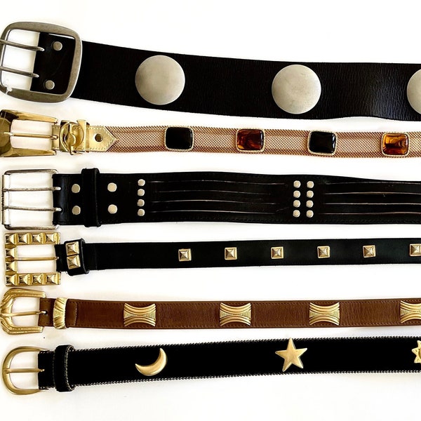 Vintage Embellished Studded Belt 80s 90s Western Glitzy Statement Belt Brown Black Metal Mesh Strap Wide Sun Moon Star Silver Gold