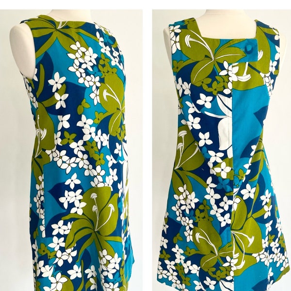 Mod 60s Mini Dress Tropical Hawaiian Floral Print Short Hem Sleeveless Blue White Flowers Summer Party Dress XS