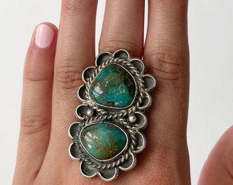 Big Navajo Turquoise Ring Old Pawn Native Aermican Double Two Stones Multi Stone Style Vintage Sterling Silver Oversized Size 9