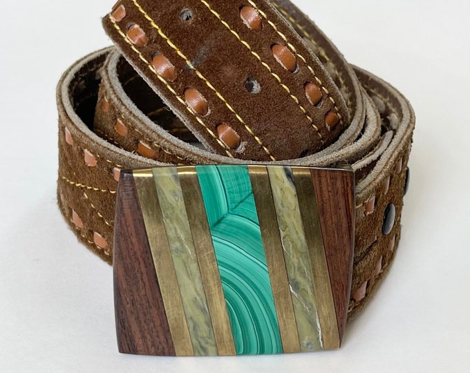 Brass Malachite Aventurine Wood Inlay Buckle Belt Soft Distressed Brown Suede Leather Strap Western Belts