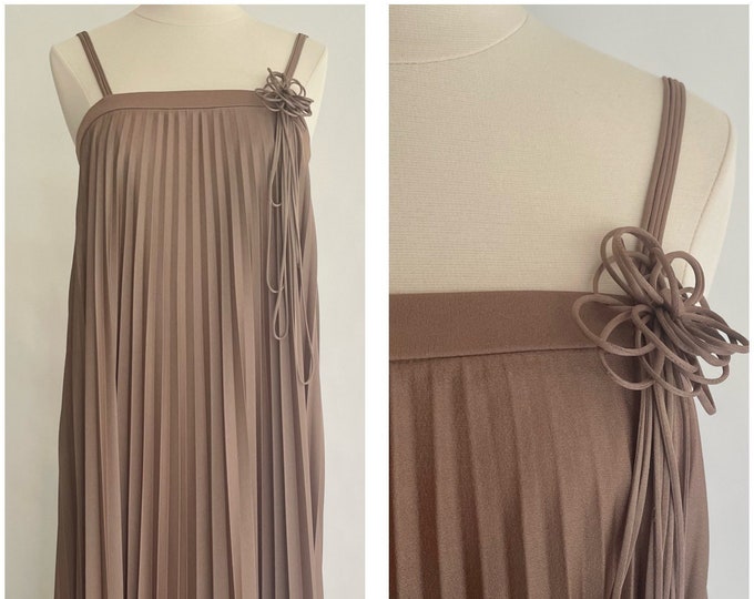 Slinky 70s Maxi Dress Vintage Taupe Brown Nylon Fully Lined Spaghetti Strap Rosette Detail Pleated Body XXS XS