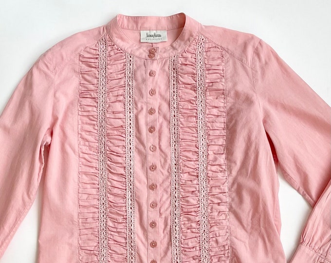 Pink Victorian Prairie Shirt 80s Neiman Marcus Vitnage Mock Neck Button Up Top Lightweight Cotton XXS XS