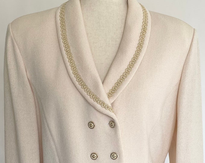 St. John Collection Jacket Gold Buttons Ivory White Knit Blazer Vintage Designer Knitwear Removable Shoulder Pads Minimalist S M