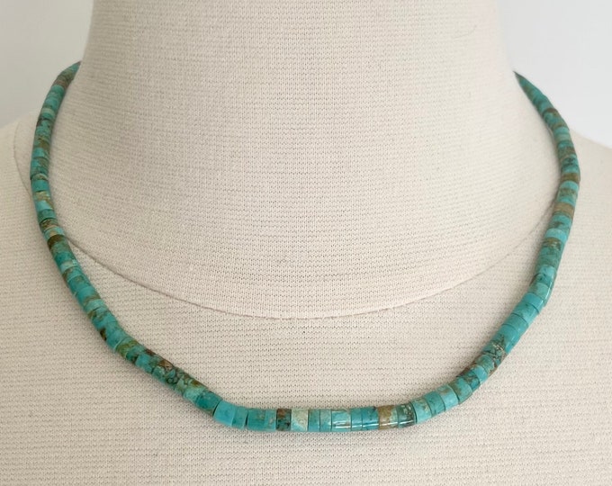 Thin Graduated Turquoise Beaded Necklace Vintage Native American Santo Domingo Beaded Stacking Necklace Heishi 17.5